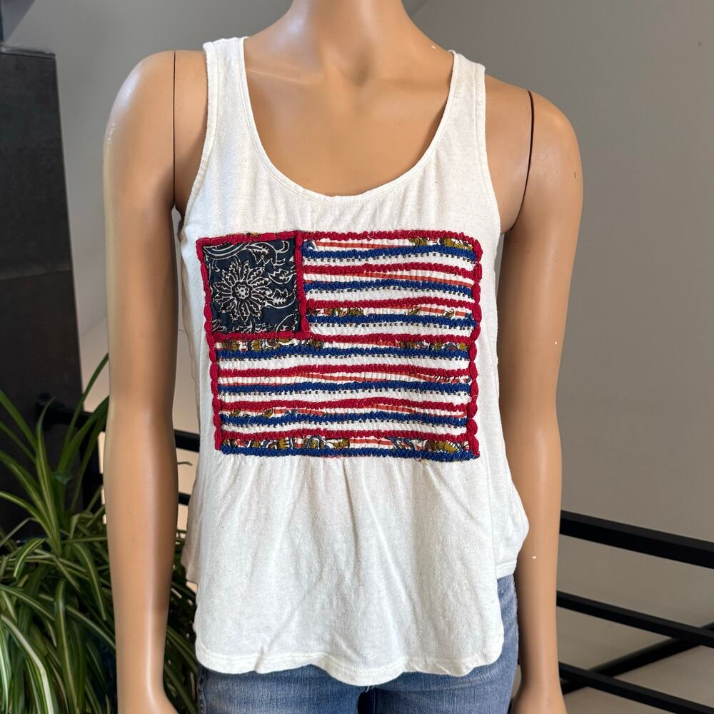 Lucky Brand American Flag Tank Top Small Embroidered Beaded Patriotic Ivory